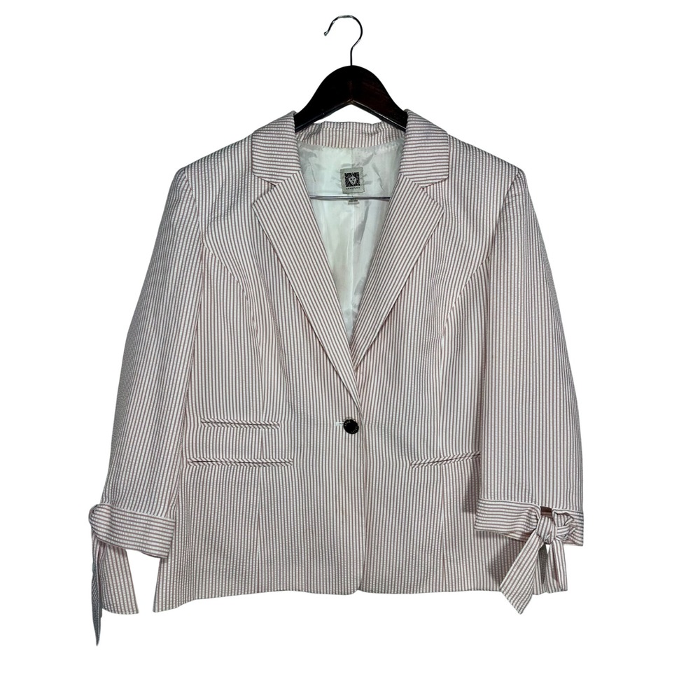 Anne Klein Seersucker Blazer Womens Large Dusty Rose White Stripe Tie Cuff